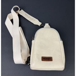 Wrangler Sling Bag Crossbody Dual Zippered Compartment Tan Beige Faux Leather